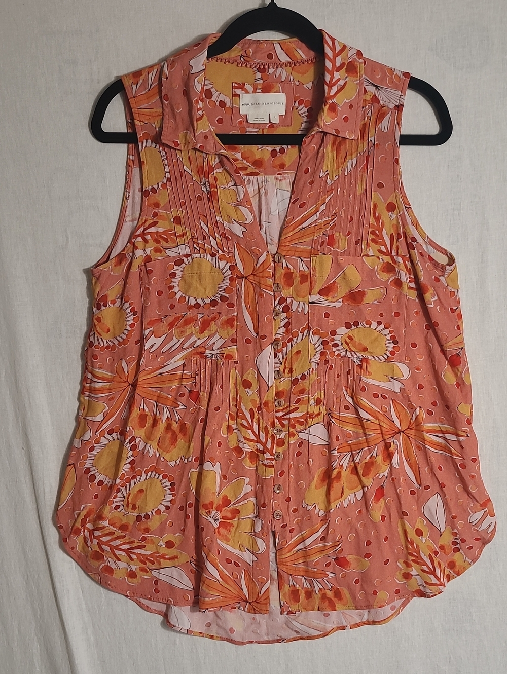 Vera For Anthropologie Coral Pink Floral Sleeveless Button Front Camisole